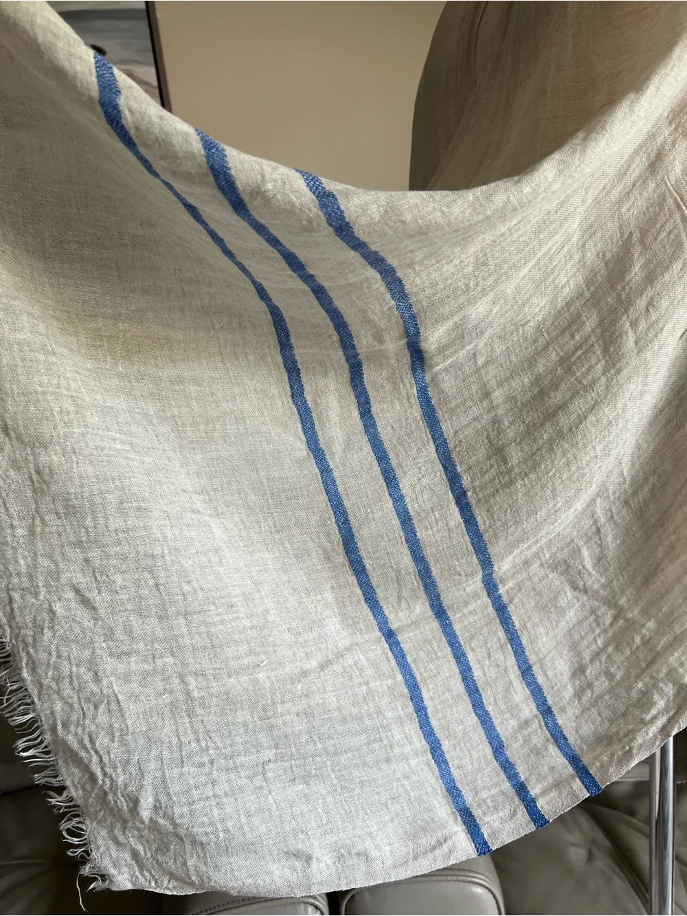 Lapuan Kankurit 100% Linen Scarf  Finland Beige Blue Stripe Boho Chic Loganlook